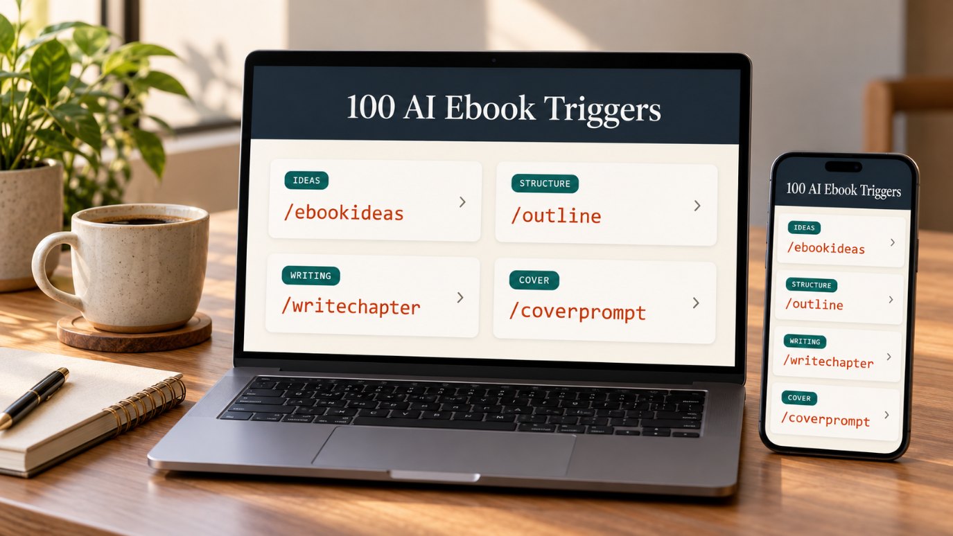 100 AI Ebook Triggers library on laptop and phone